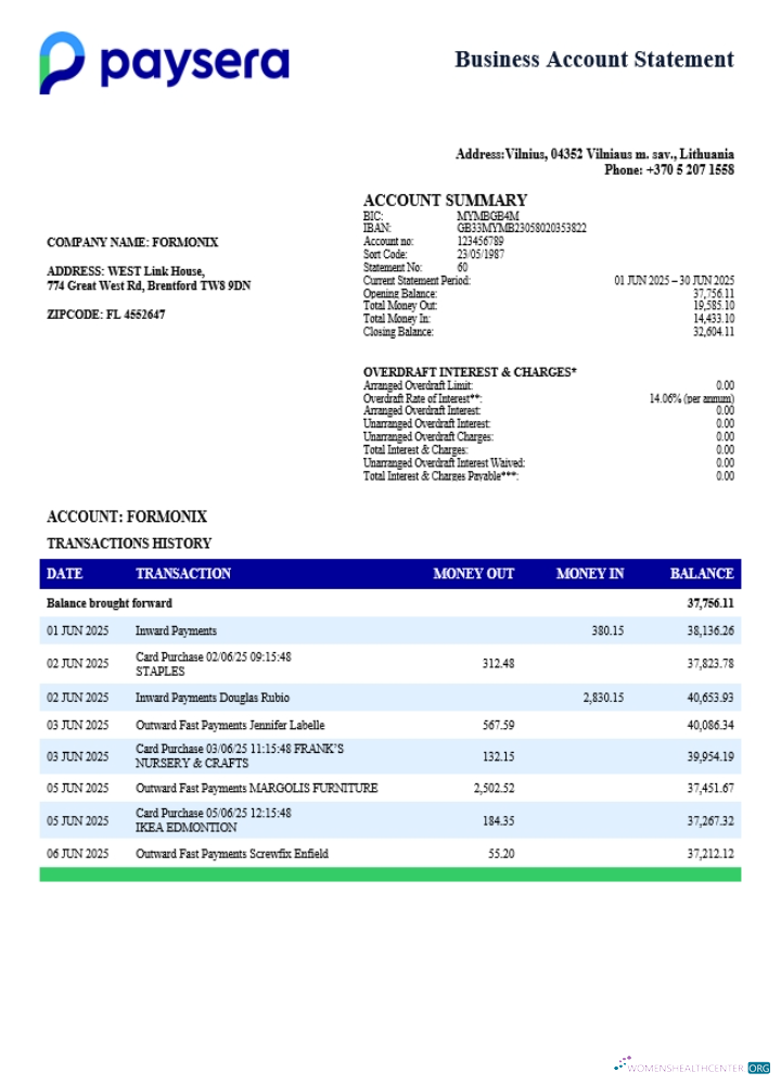 Download Lithuanian Paysera firm account statement Word and PDF template (1) Photoshop template